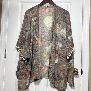 Umgee Boho Kimono Cardigan Pom Pom Fringe Sheer Duster Small/Medium